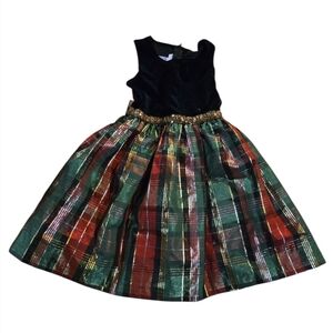 Bonnie Jean Black Velvet and Plaid Holiday Dress Red, Green, Gold, Size 5